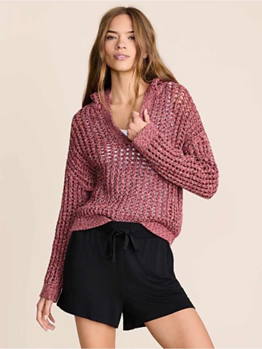 The Loft Women's Lou & Grey Marled Open Stitch Hoodie Sweater Plum Multi Medium
